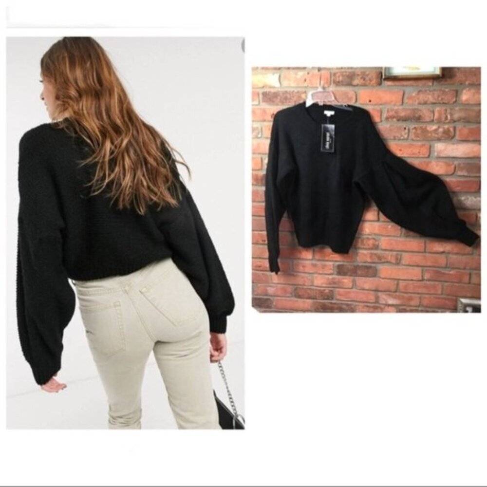 Olivia Warren NEW Balloon Sleeve Boxy Black Sweater Crew Puff Crop Stretch Top M